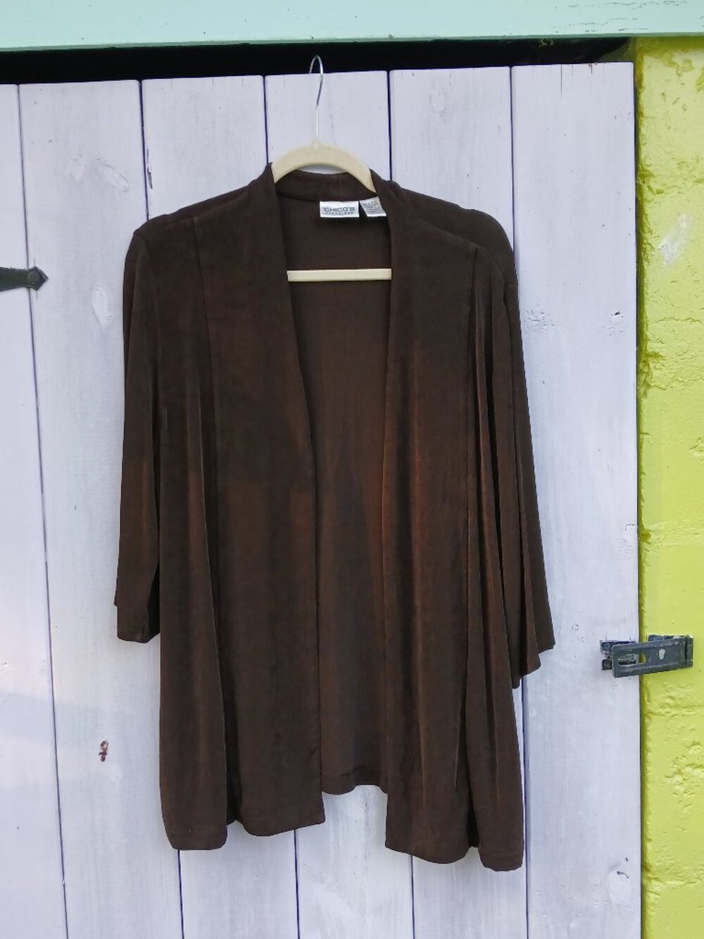 Chicos Travelers Dk Brown Cardigan Open Front Size 3 (XL) Slinky 3/4 Sleeves